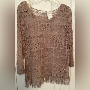 CATO: Tan fringed, long sleeve pullover top, size L